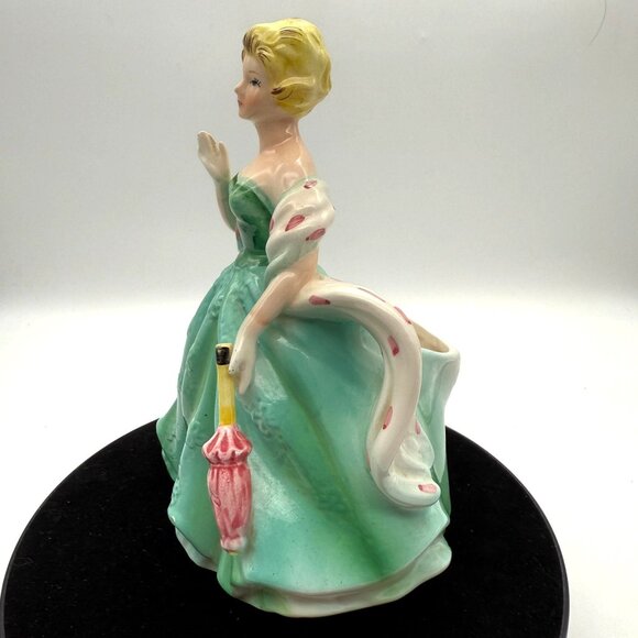 Vtg Rubens Blonde Lady Planter Figurine 583 Green Dress Pink Parasol USA Ceramic - Picture 3 of 11
